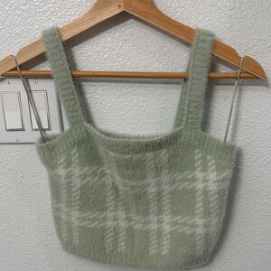 Fuzzy Plaid Green and White Crop Top